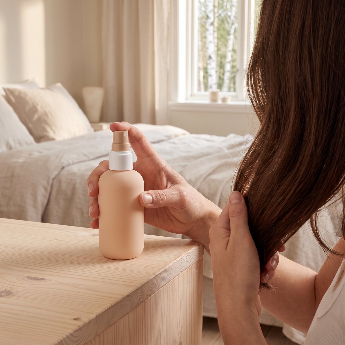 Ida Warg Moisture Serum används i långt brunt hår i ett ljust svenskt sovrum