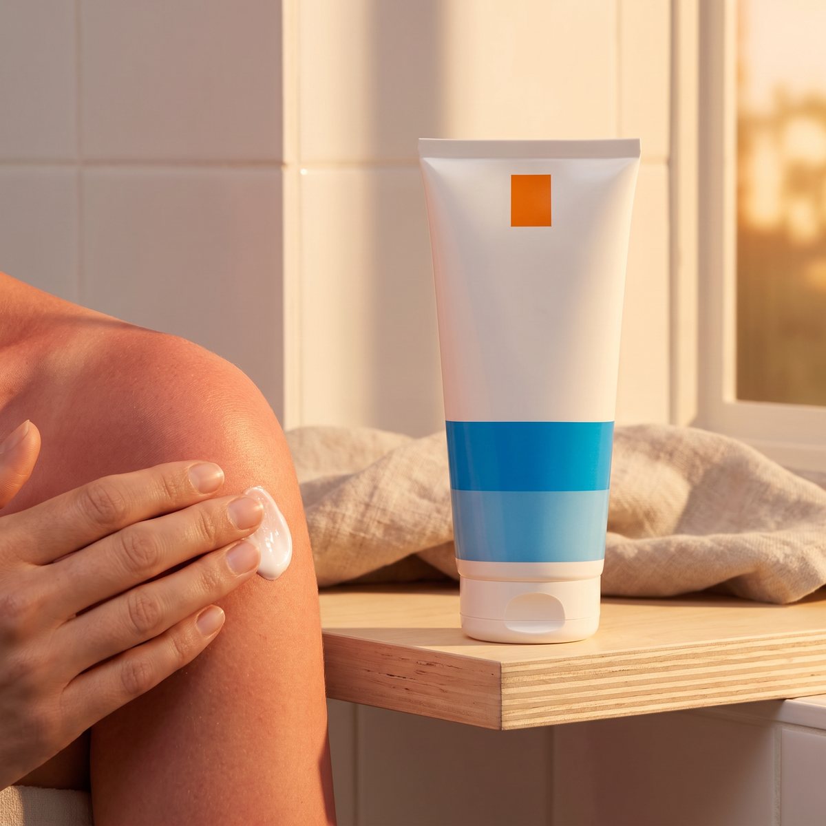 La Roche-Posay Anthelios Post-UV Exposure-tub på en hylla i ett ljust badrum medan lotion smörjs in på solvarm hud