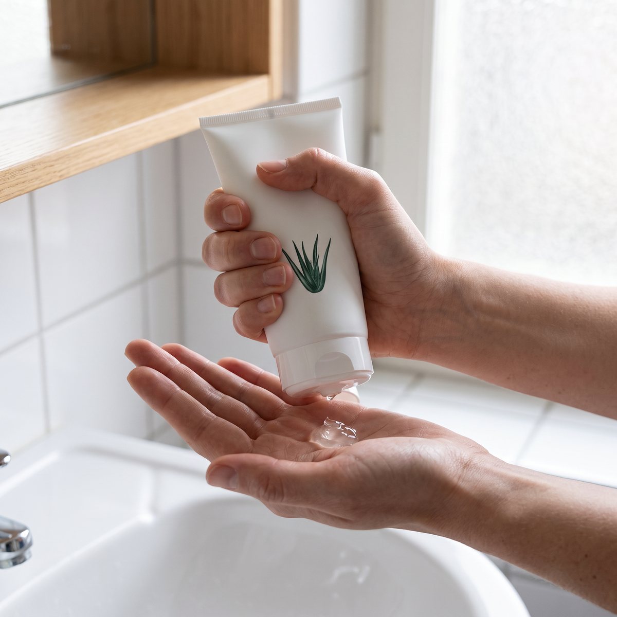 Avivir Aloe Vera Gel i tub, gel pressas ut i handflatan vid ett handfat i ett svenskt badrum