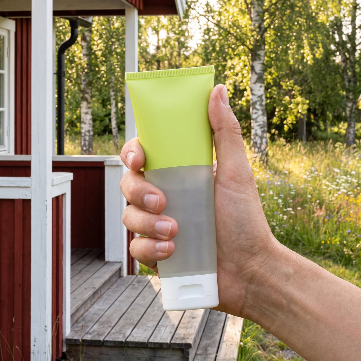 CCS Aloe Vera Gel i handen på verandan till en röd svensk sommarstuga