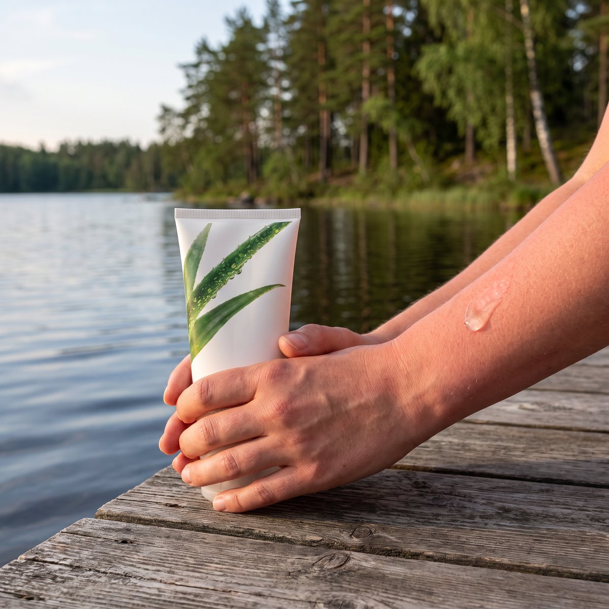 Hjärtats Aloe Vera Gel på en brygga vid en svensk sjö, gel på en solrodnad underarm