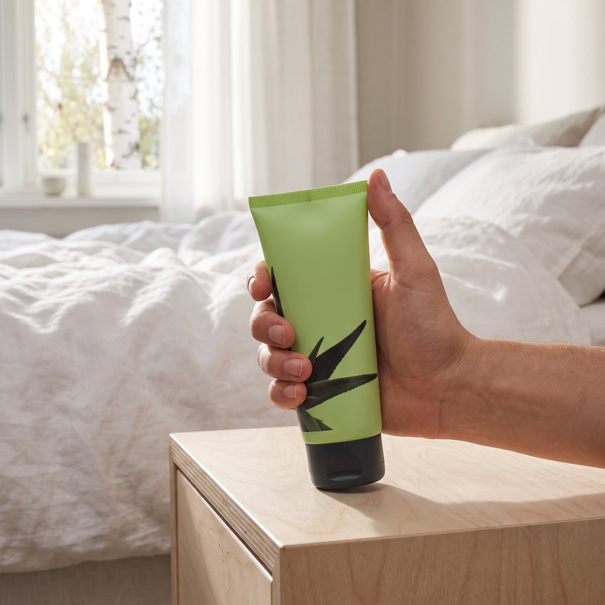 Urtekram Aloe Vera Gel i handen vid ett sängbord i ett svenskt sovrum