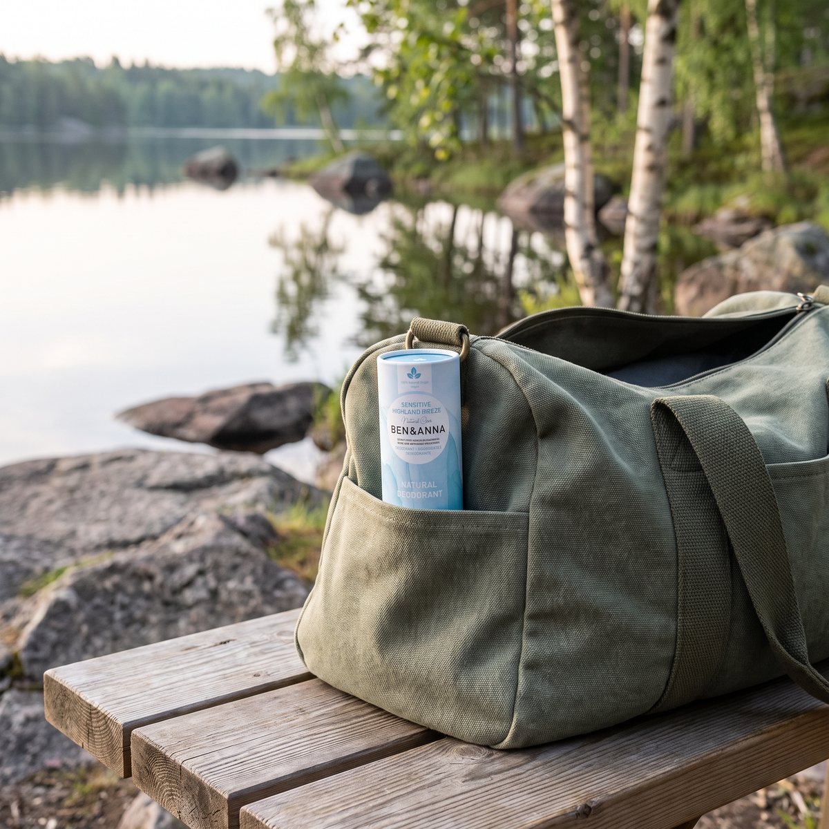 Ben & Anna Deodorant Highland Breeze i en gymväska på en träbänk vid en svensk sjö med björkar och granit