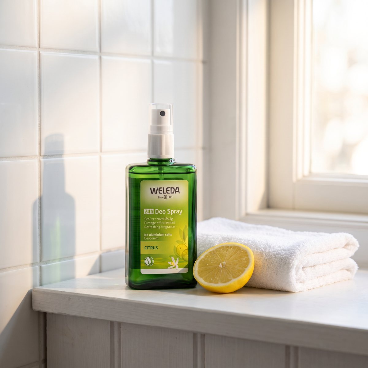 Weleda Citrus Deodorant i grön glasflaska på en hylla i ett svenskt badrum, intill en handduk och en citronhalva