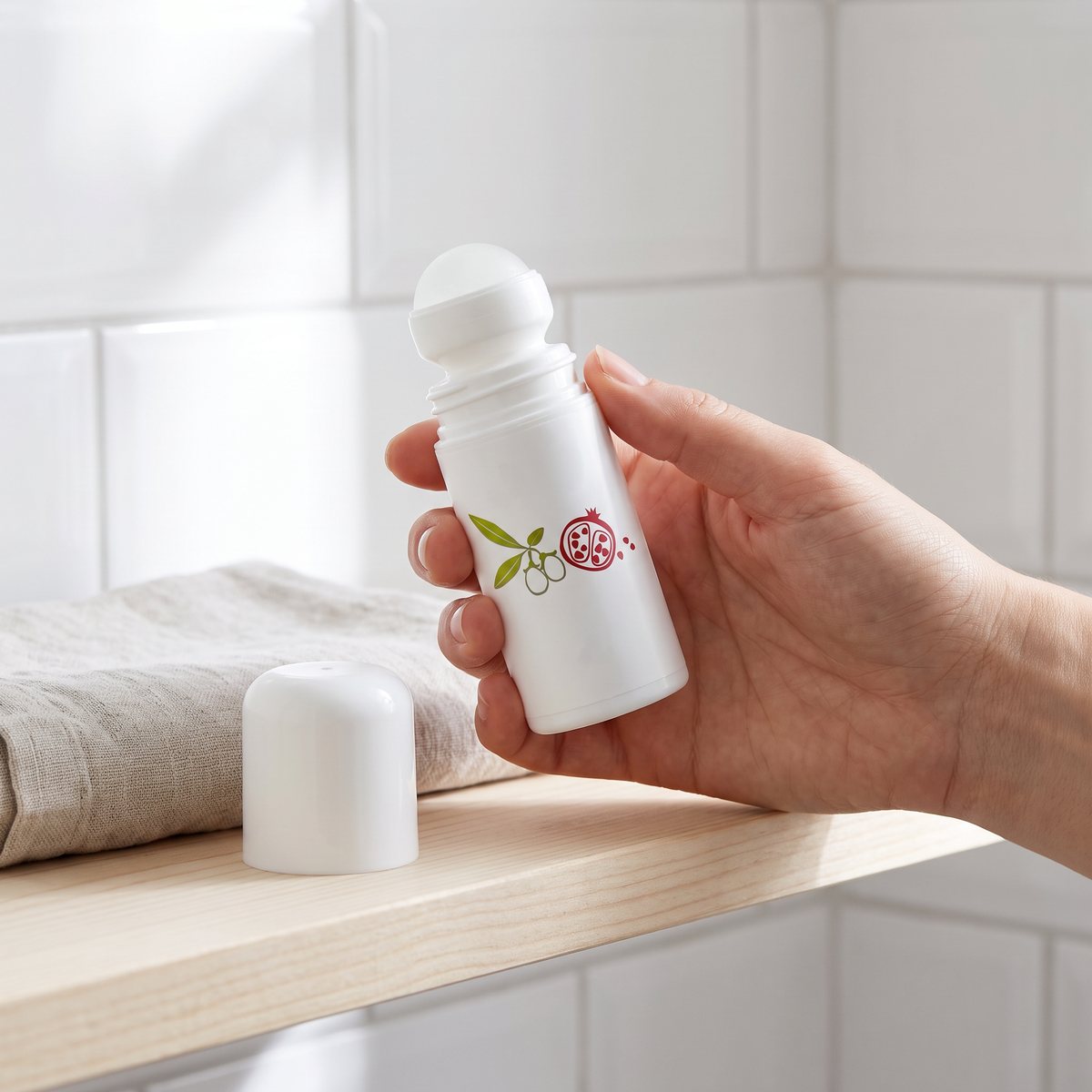 Eco Cosmetics roll-on-deodorant hålls i handen i ett ljust svenskt badrum med vita kakelplattor och linnehandduk