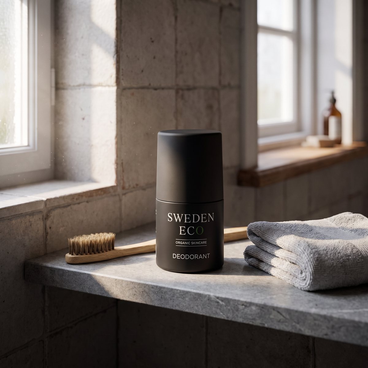 Svart roll-on-deodorant från Sweden Eco på en stenhylla i ett svenskt badrum med morgonljus