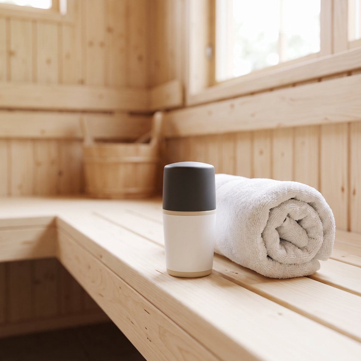 Urtekram Cream Deo Coconut står på en björkbänk bredvid en handduk i ett svenskt bastuomklädningsrum