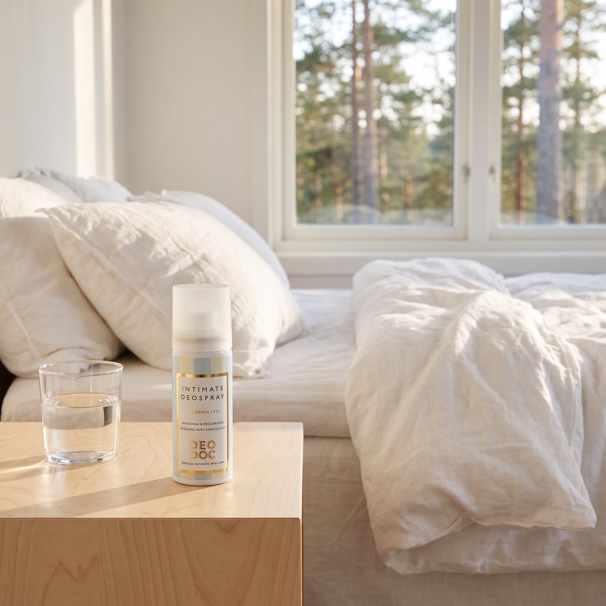 DeoDoc Fragrance Free Intimate Deospray på ett sängbord i ett ljust svenskt sovrum