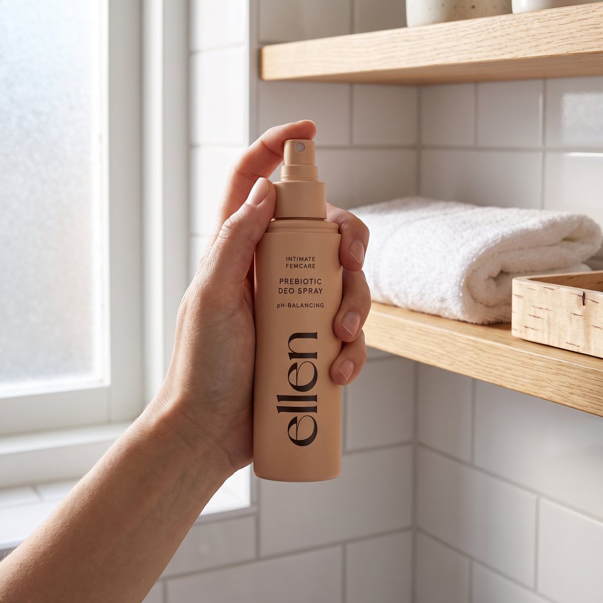 Ellen Prebiotic Deo Spray i handen vid en hylla i ett ljust svenskt badrum