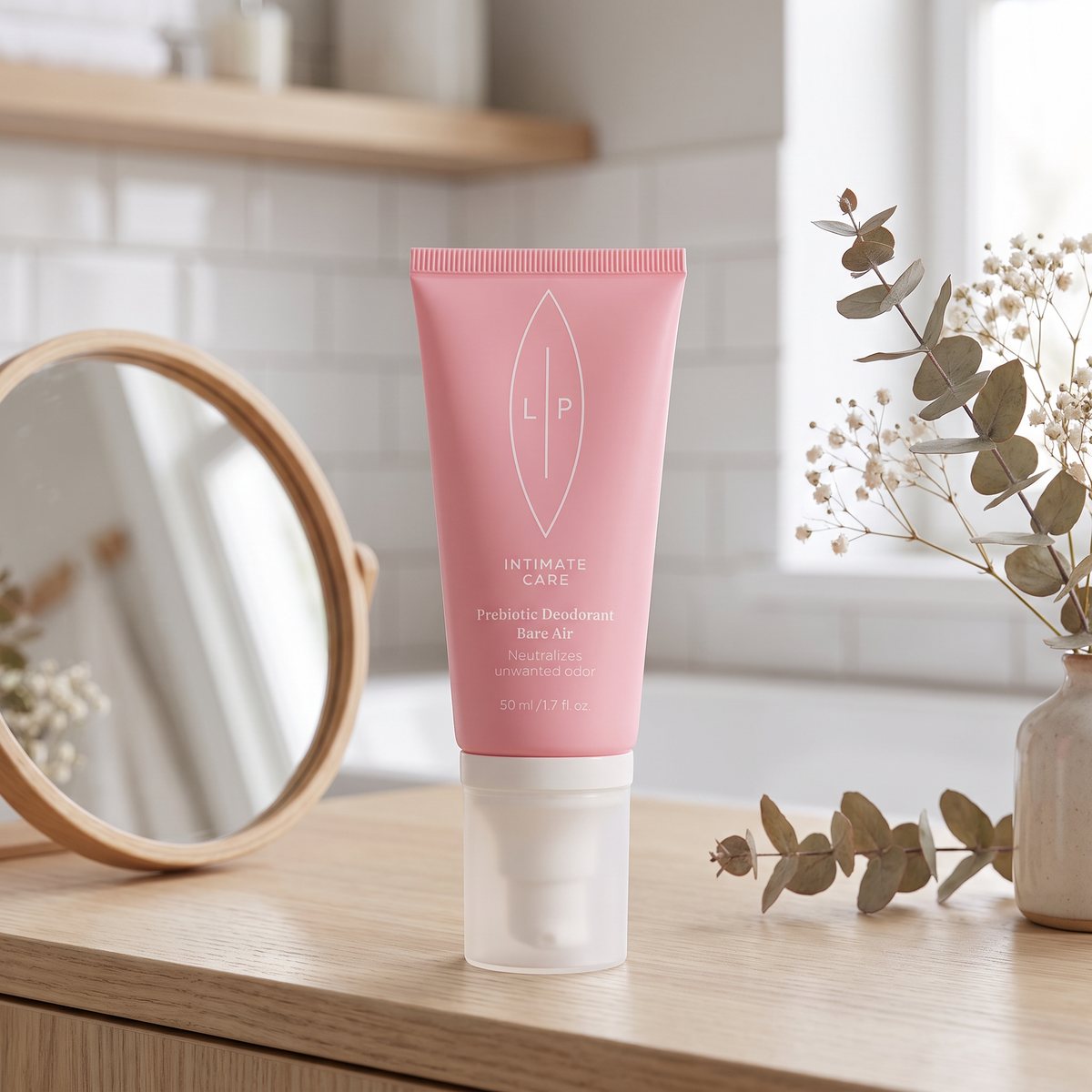 Lip Intimate Care Prebiotic Deodorant Bare Air på en träkommod i ett skandinaviskt badrum