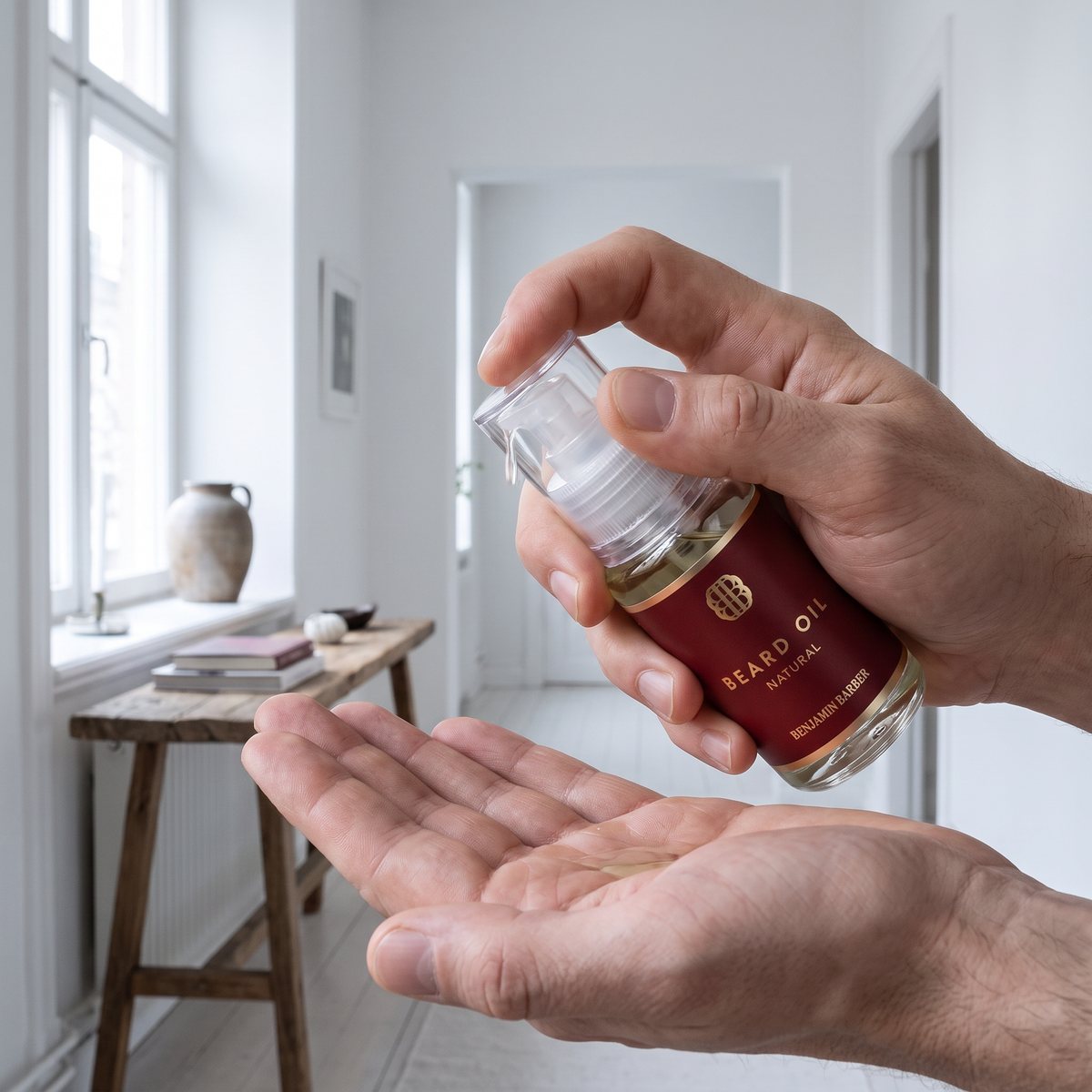 Hand pumpar skäggolja ur en liten glasflaska i en ljus svensk hall