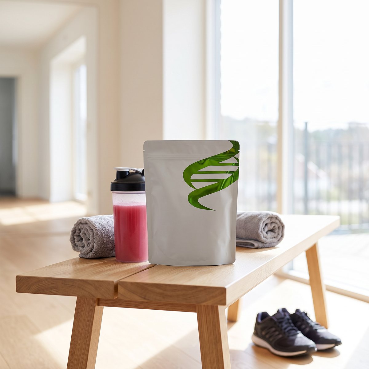 Vit påse Beet Boost på en träbänk i ett svenskt hem före träning, bredvid en shaker med rosa dryck, en handduk och löparskor.