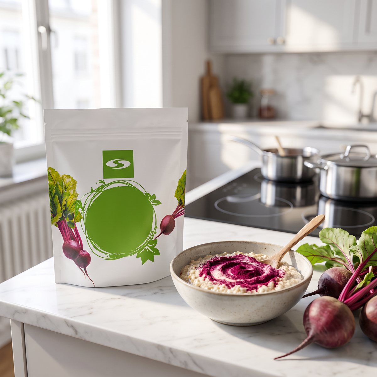 Vit påse rödbetspulver på en marmorbänk i ett ljust svenskt kök med induktionshäll, bredvid en skål havregrynsgröt med rödbetspulver och färska rödbetor.