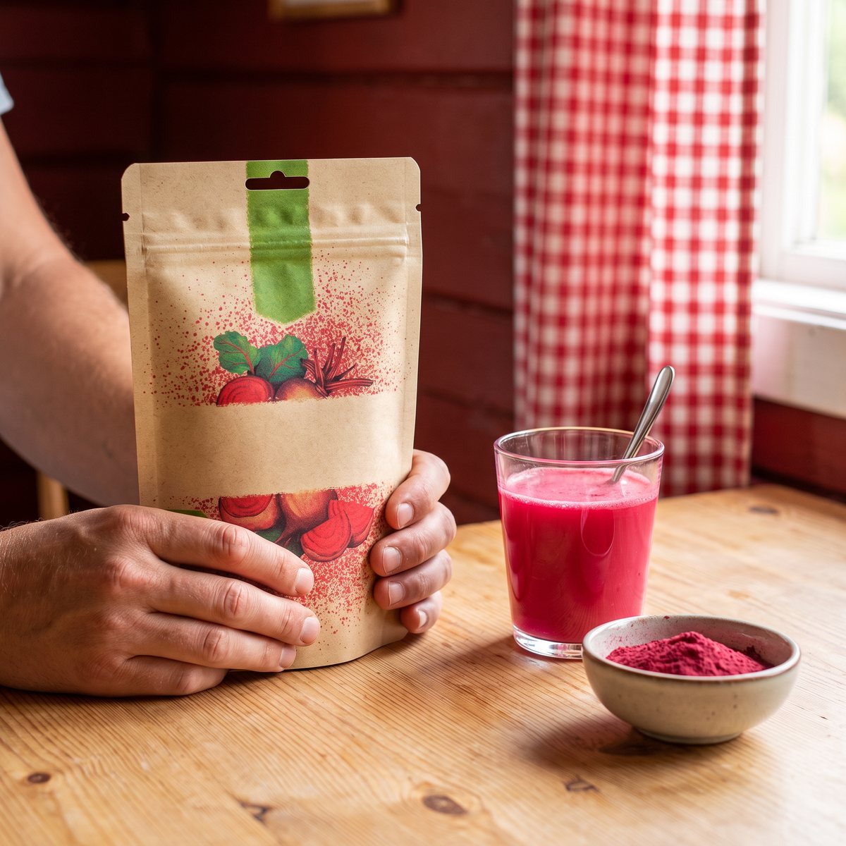 Hand som håller en påse rödbetspulver vid ett furubord i ett svenskt sommarstugekök, med ett glas rosa rödbetsjuice och en skål pulver.