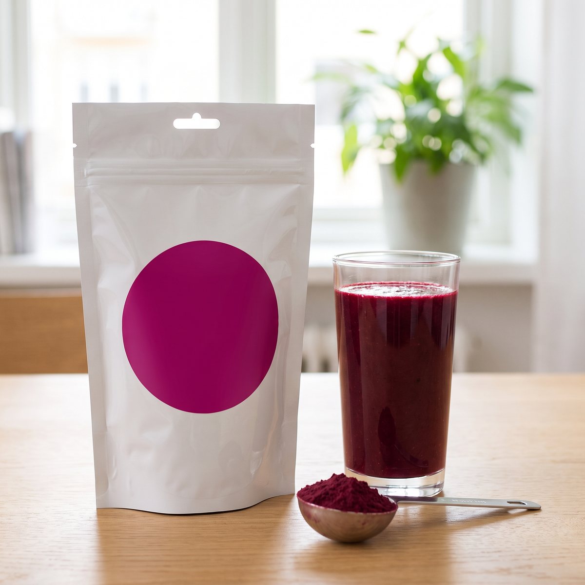 Vit påse med magenta cirkel på ett ljust ekbord i ett svenskt hem, bredvid ett glas rödbetssmoothie och en måttsked pulver.
