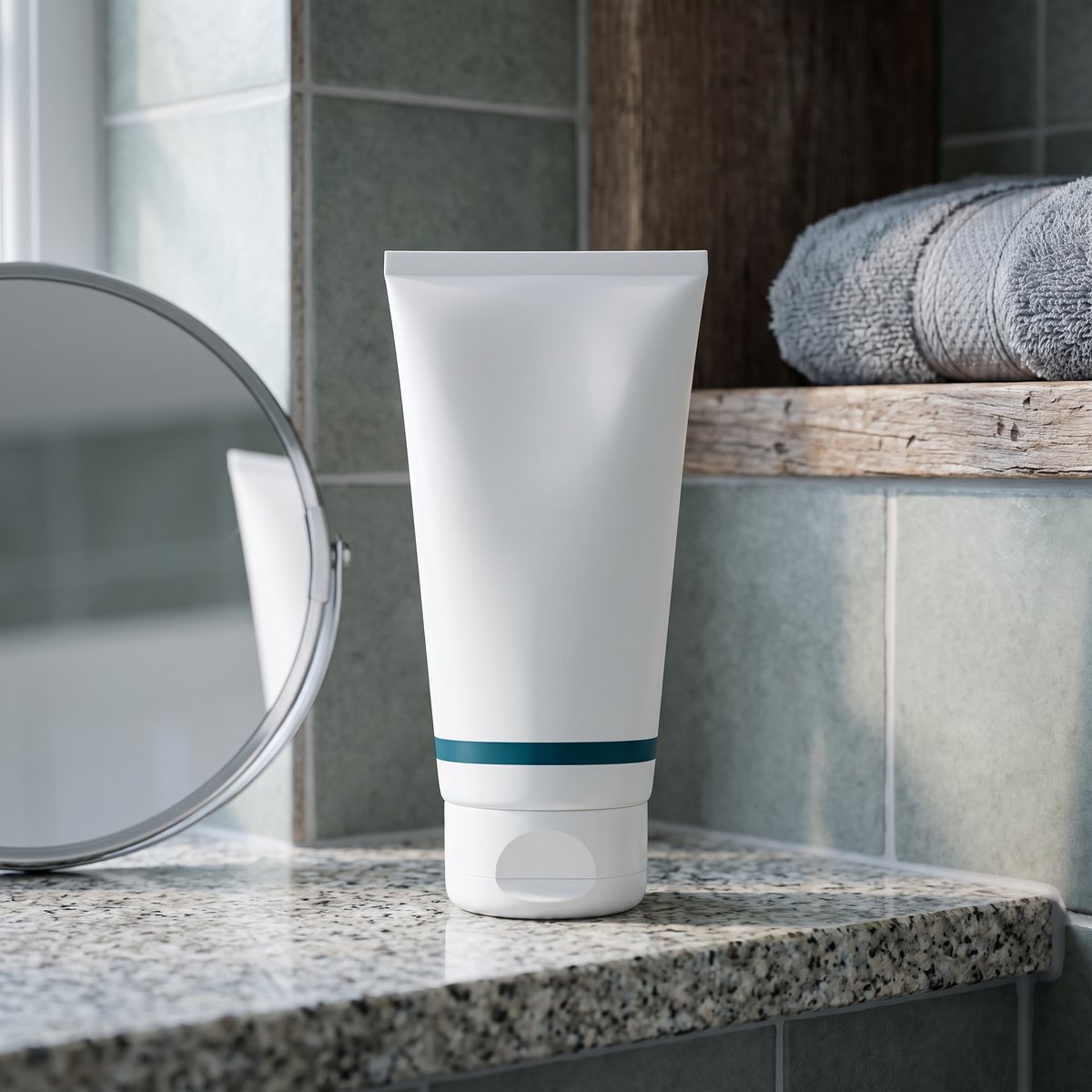 Bulldog Sensitive Face Wash-tuben på en hylla i ett svenskt badrum