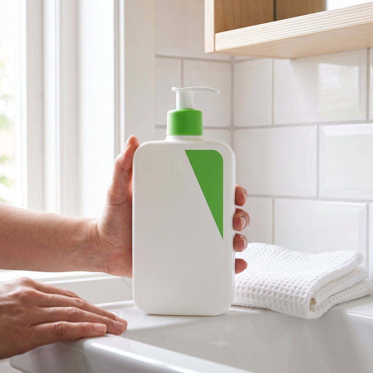 CeraVe Hydrating Cleanser med pump på handfatskanten i ett ljust svenskt badrum