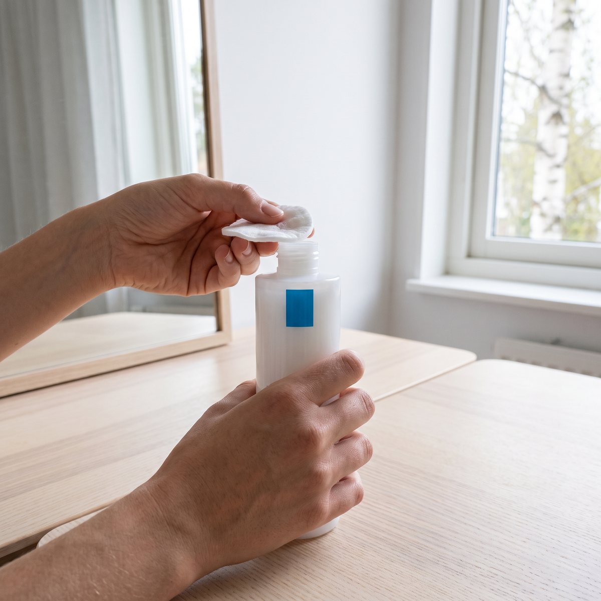 La Roche-Posay Toleriane Dermo-Cleanser hålls i handen vid en sminkbord i ett svenskt sovrum