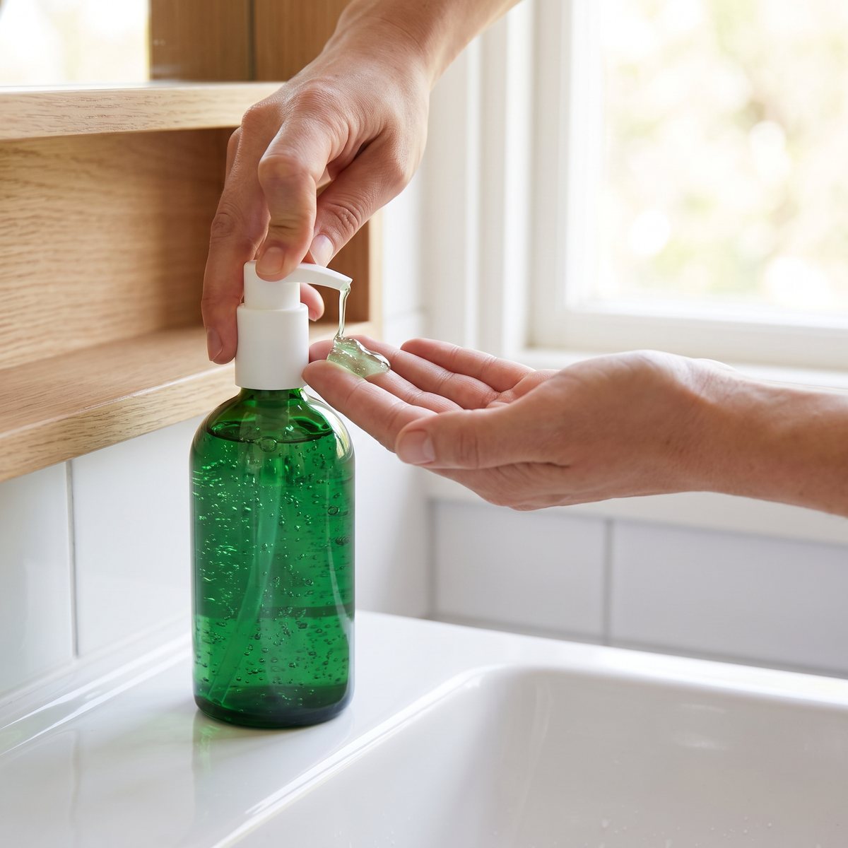Weleda Deep Cleansing Gel pumpas ut i handen över ett handfat i ett svenskt badrum
