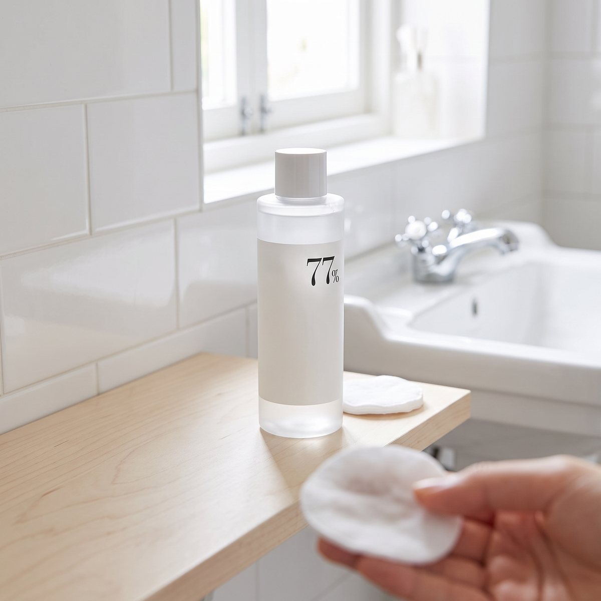 Anua Heartleaf 77% Soothing Toner på en trähylla i ett ljust svenskt badrum, med en bomullsrondell i handen