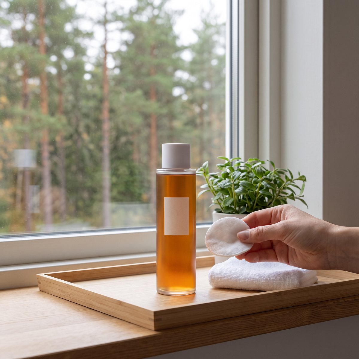 Beauty of Joseon Ginseng Essence Water på en bricka i ett fönster i ett svenskt hem med tallskog utanför