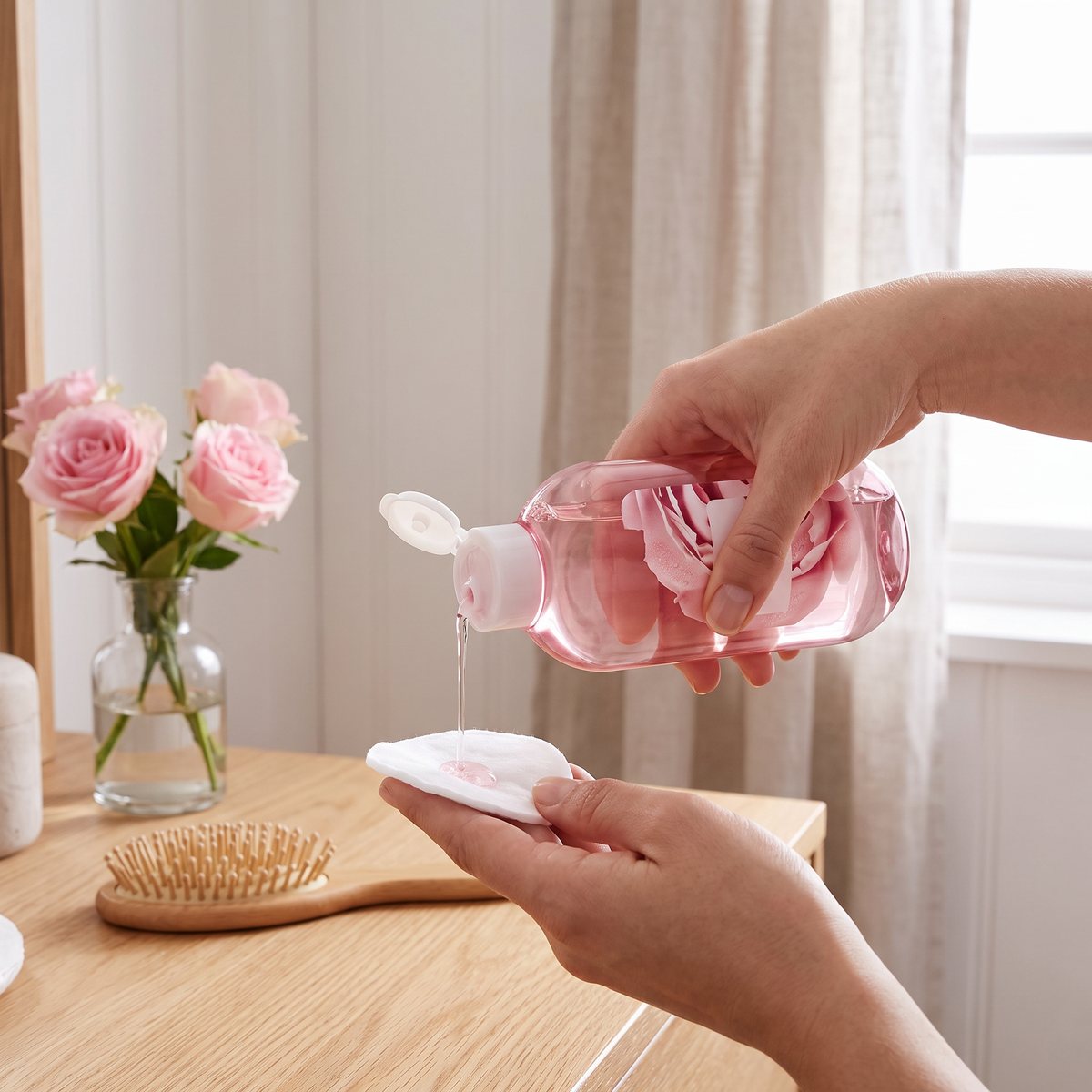 Garnier Skin Active Rose Soothing Toner hälls på en bomullsrondell vid en toalettbord med rosor i ett svenskt hem