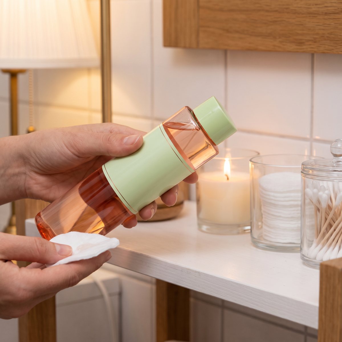 Pixi Glow Tonic hälls på en bomullsrondell i ett svenskt badrum med levande ljus