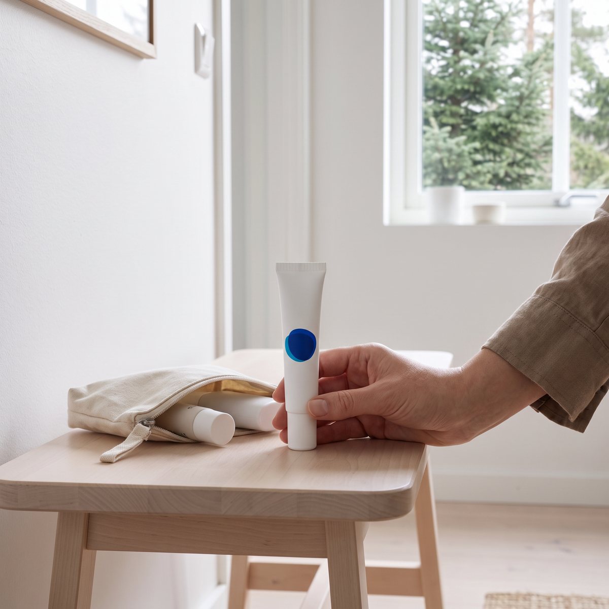 ACO Face Soothing Eye Cream-tuben hållen i handen på en träbänk i en svensk hall med granar utanför fönstret