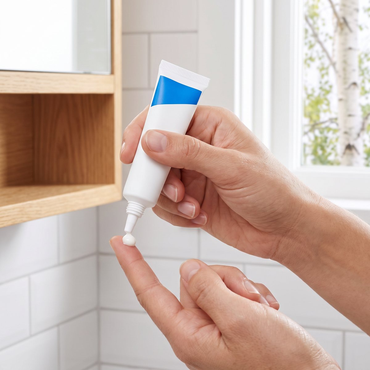 CeraVe Eye Repair Cream-tuben i en hand som ger en liten klick kräm på fingertoppen i ett ljust svenskt badrum