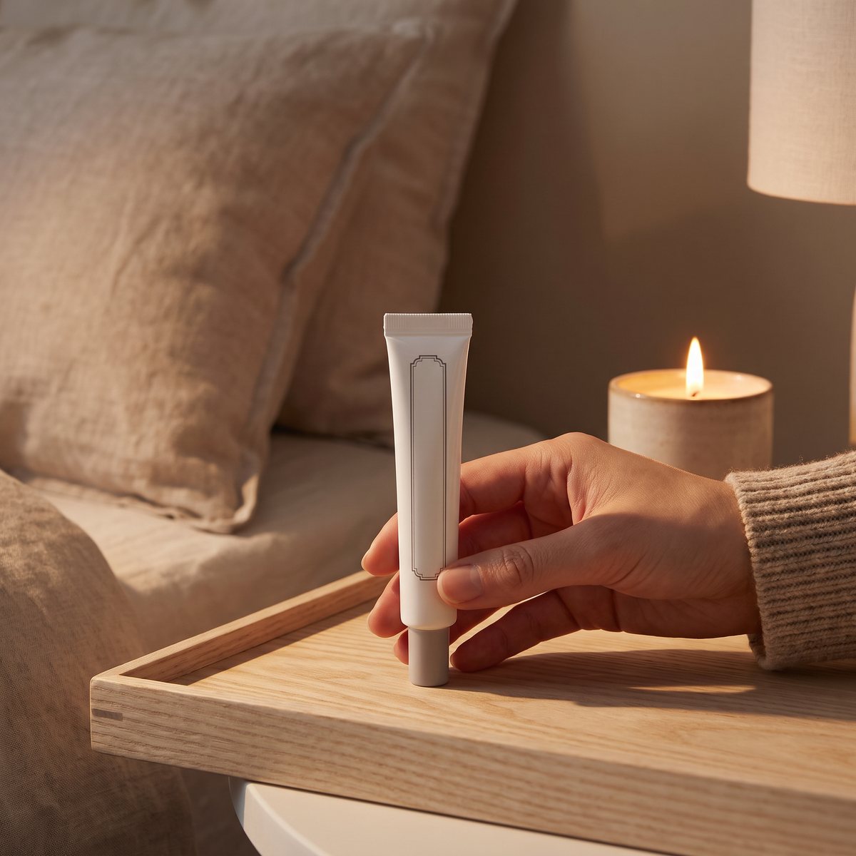 Klairs Fundamental Nourishing Eye Butter-tuben på en träbricka i ett mysigt svenskt sovrum på kvällen