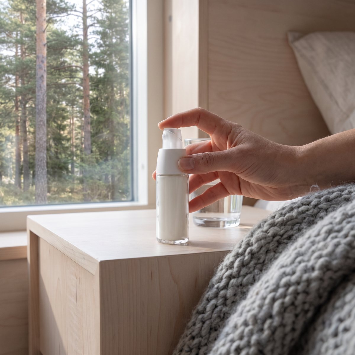 La Roche-Posay Toleriane Dermallergo Eyes-flaskan med pump på ett sängbord i ett svenskt sovrum med tallskog utanför fönstret