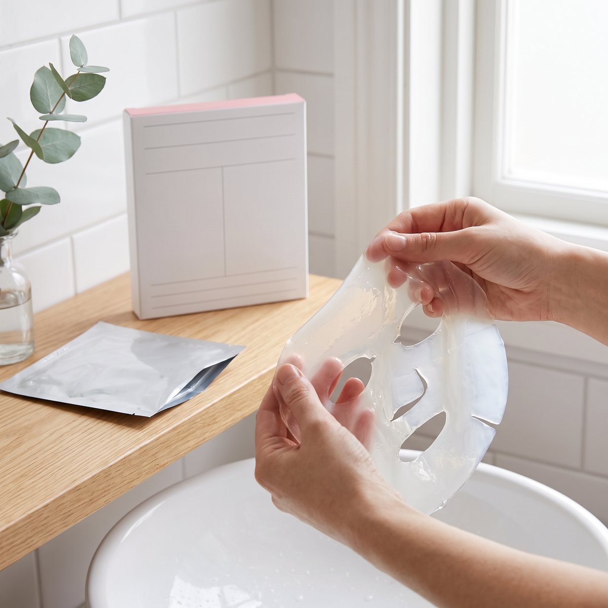 Händer håller upp en genomskinlig hydrogelmask ur foliepåsen, med Biodance-förpackningen på en ekhylla i ett ljust svenskt badrum