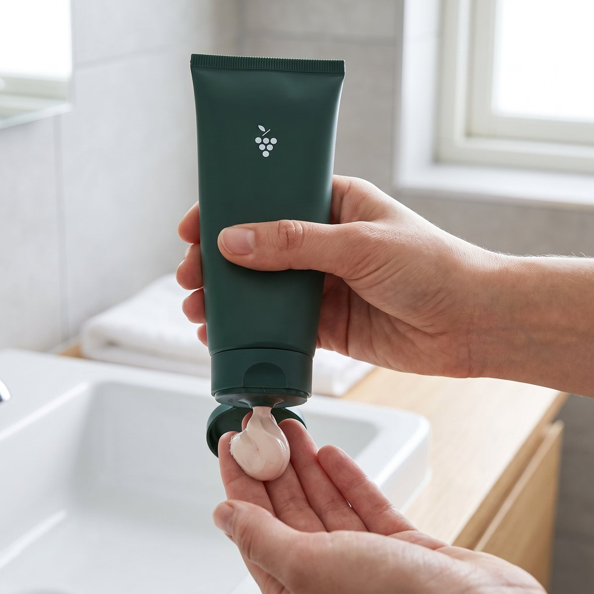 Hand klämmer ut krämig ljusrosa mask ur en mörkgrön Caudalie-tub över handfatet i ett ljust svenskt badrum