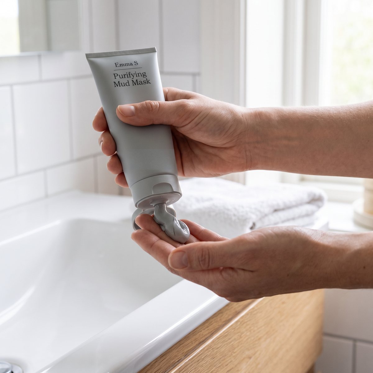 Händer klämmer ut grå lermask ur en grå Emma S. Purifying Mud Mask-tub över handfatet i ett ljust svenskt badrum