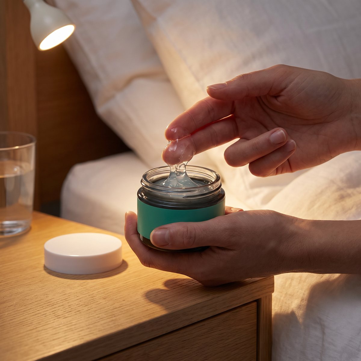 Hand tar genomskinlig gel ur en öppen Q+A Cica-burk vid sängbordet i ett svenskt sovrum på kvällen