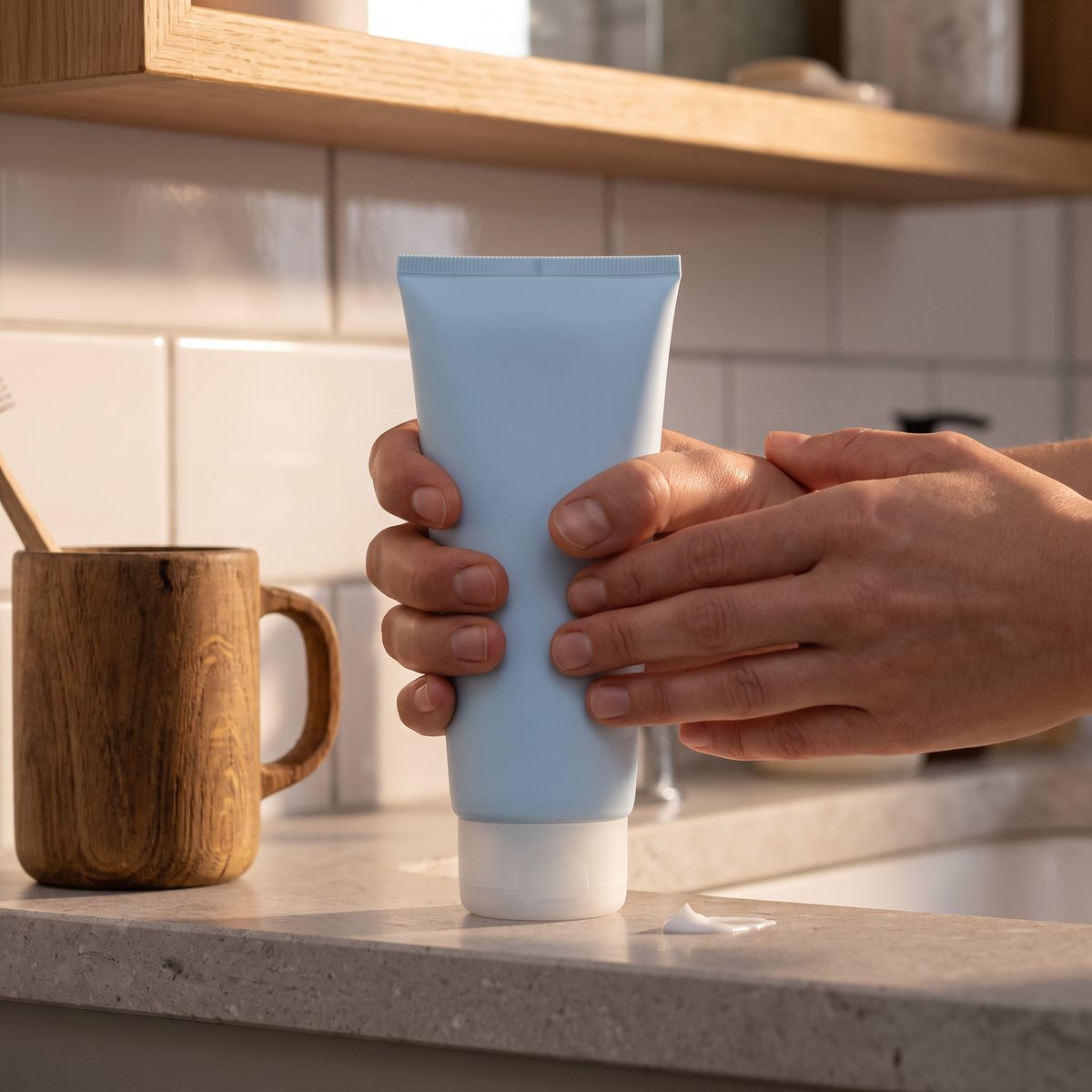 ACO Face Moisturising Night Cream i tub på en stenbänk i ett svenskt badrum