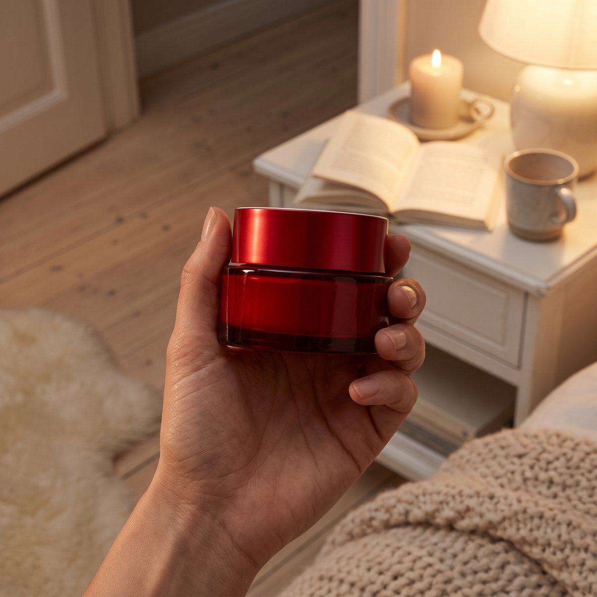 Clarins Super Restorative Night Cream i en hand i ett mysigt svenskt sovrum på kvällen