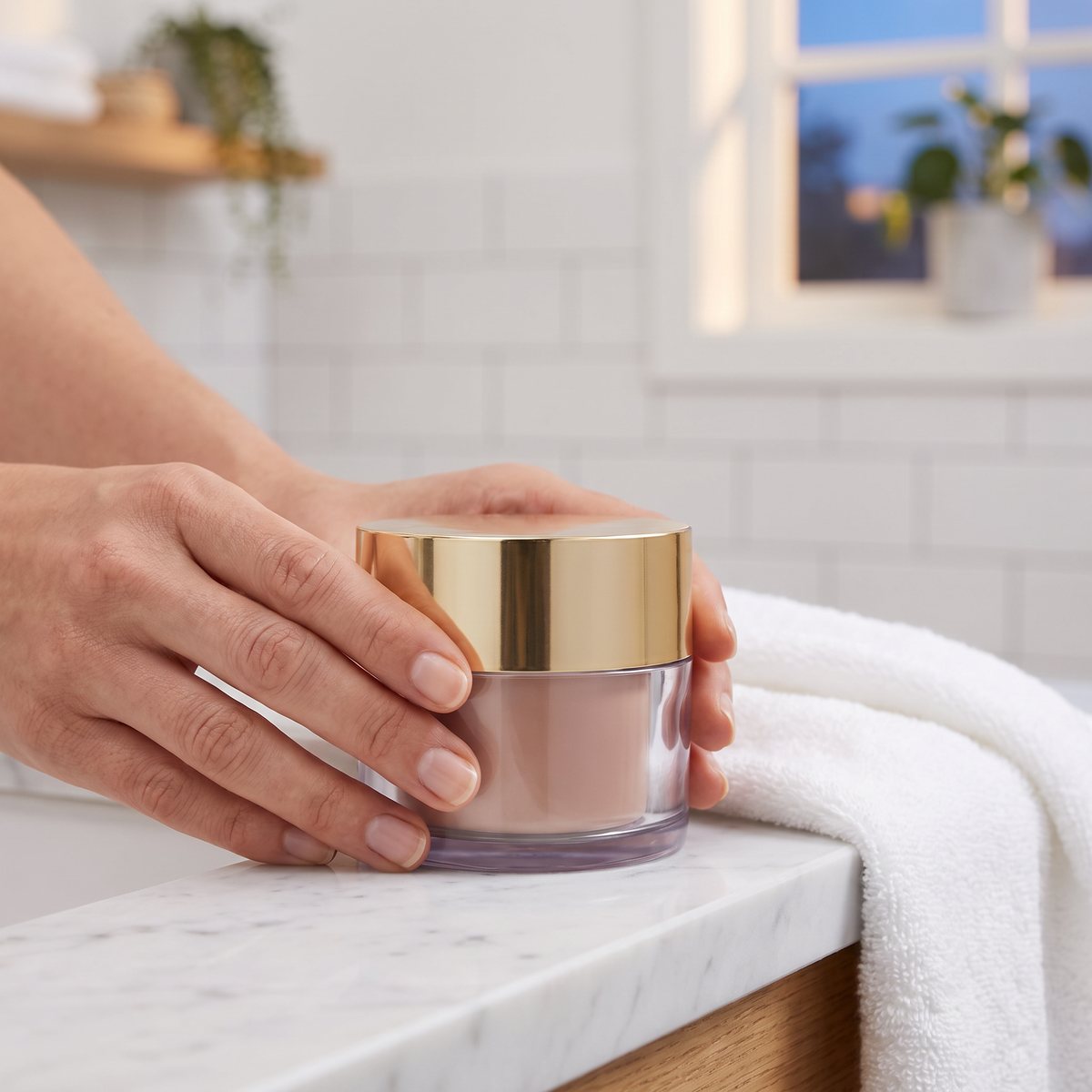 Eucerin Hyaluron-Filler + Elasticity Night Care i händerna vid en marmorbänk i ett svenskt badrum
