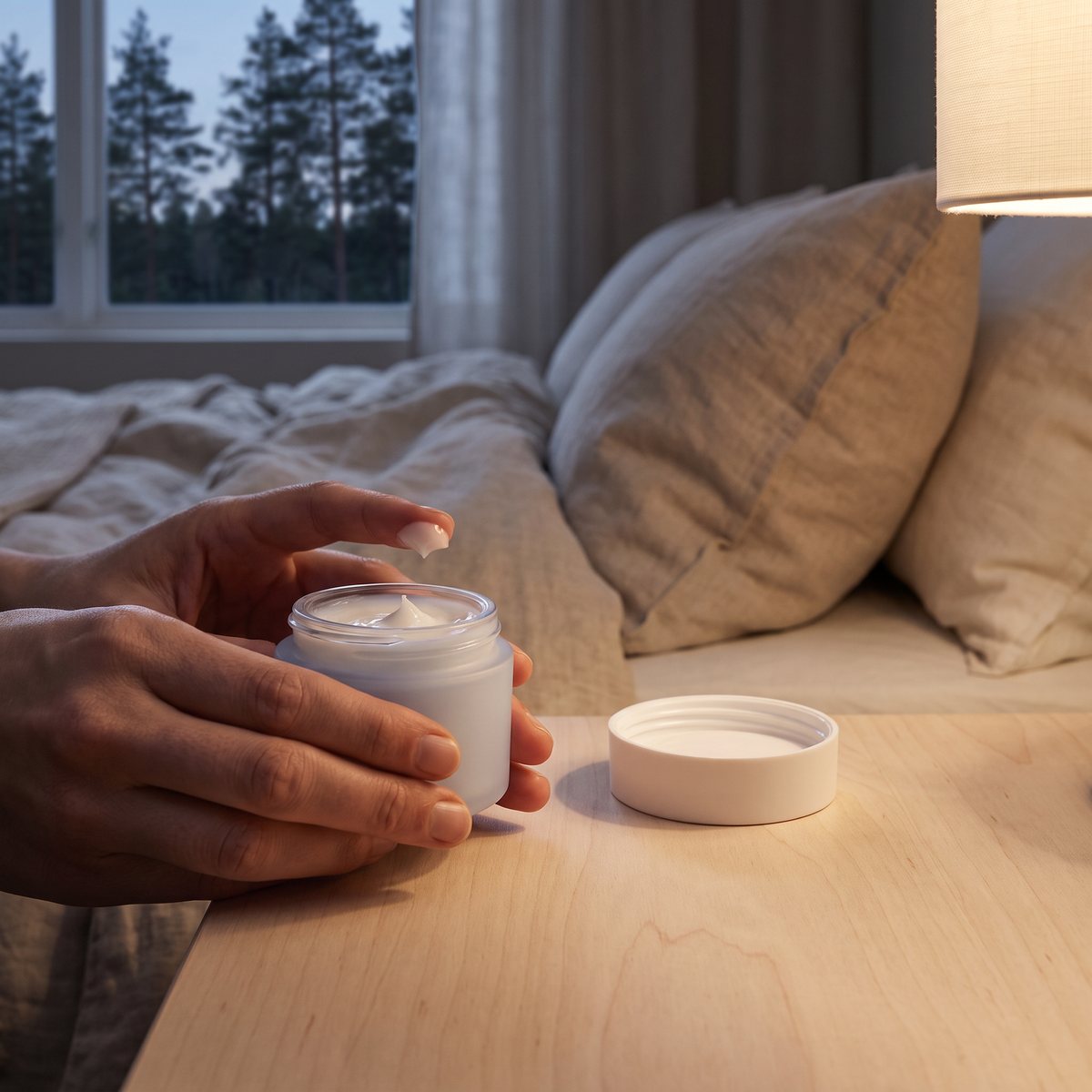 Burk med Lumene Nordic Sensitive Rich Night Balm på ett nattduksbord i ett svenskt sovrum, med en hand som tar upp en klick balm