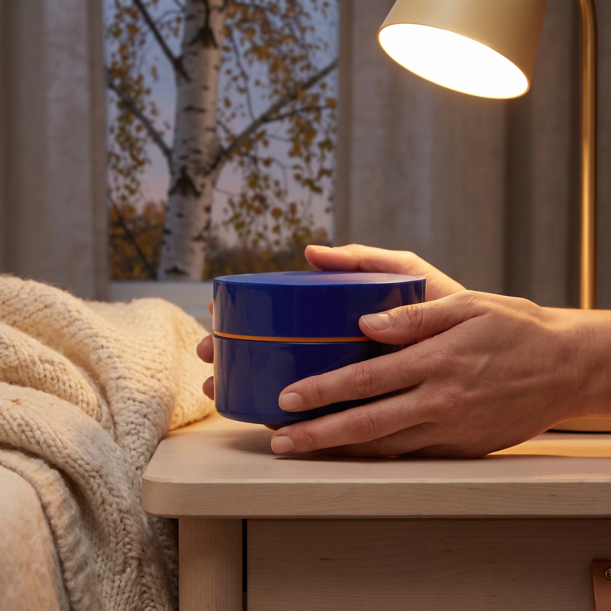 Nivea Q10 Energy Recharging Night Cream på ett nattduksbord i ett svenskt sovrum med björk utanför fönstret