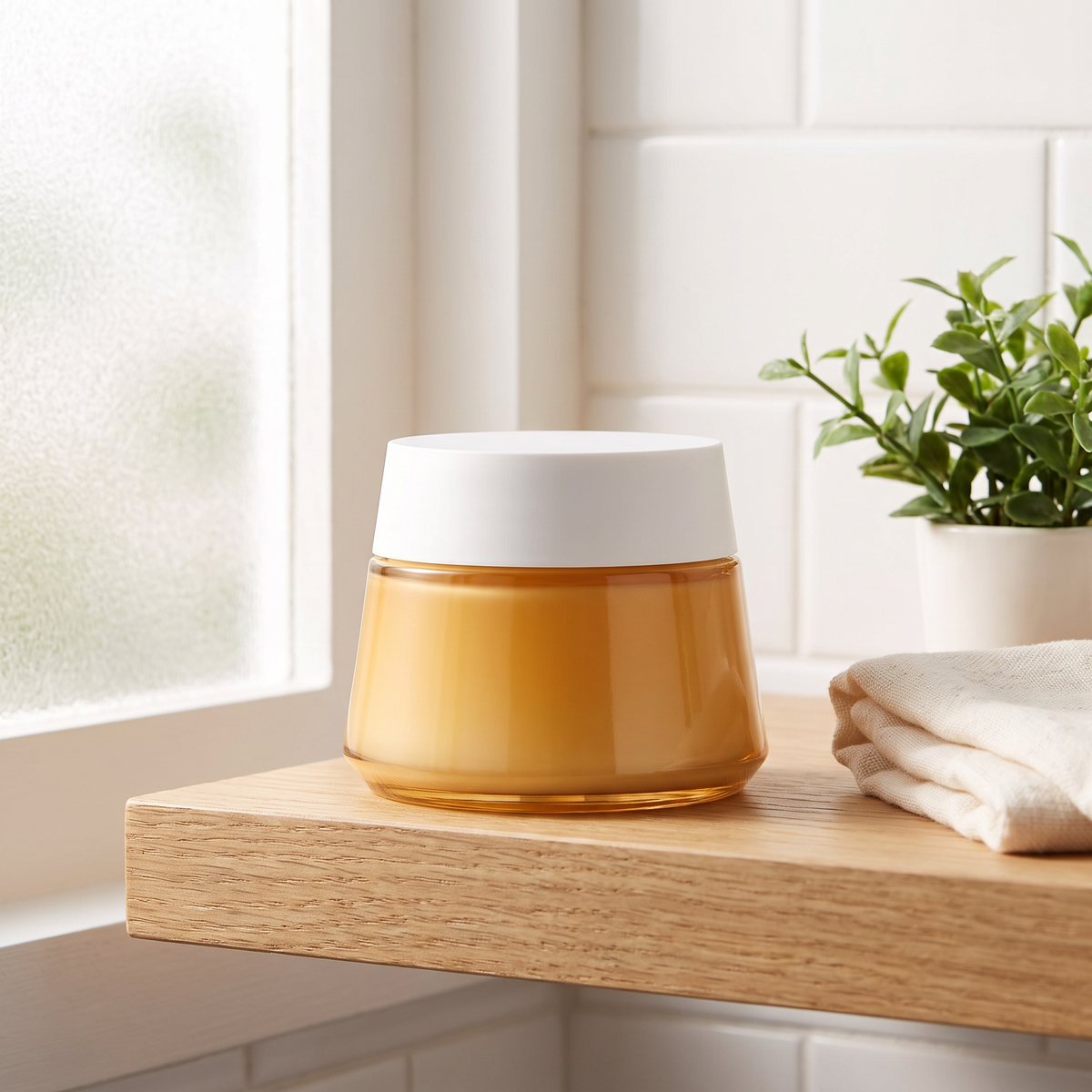 Vichy Neovadiol Magistral Night Cream på en ekhylla i ett svenskt badrum med vita kakelplattor