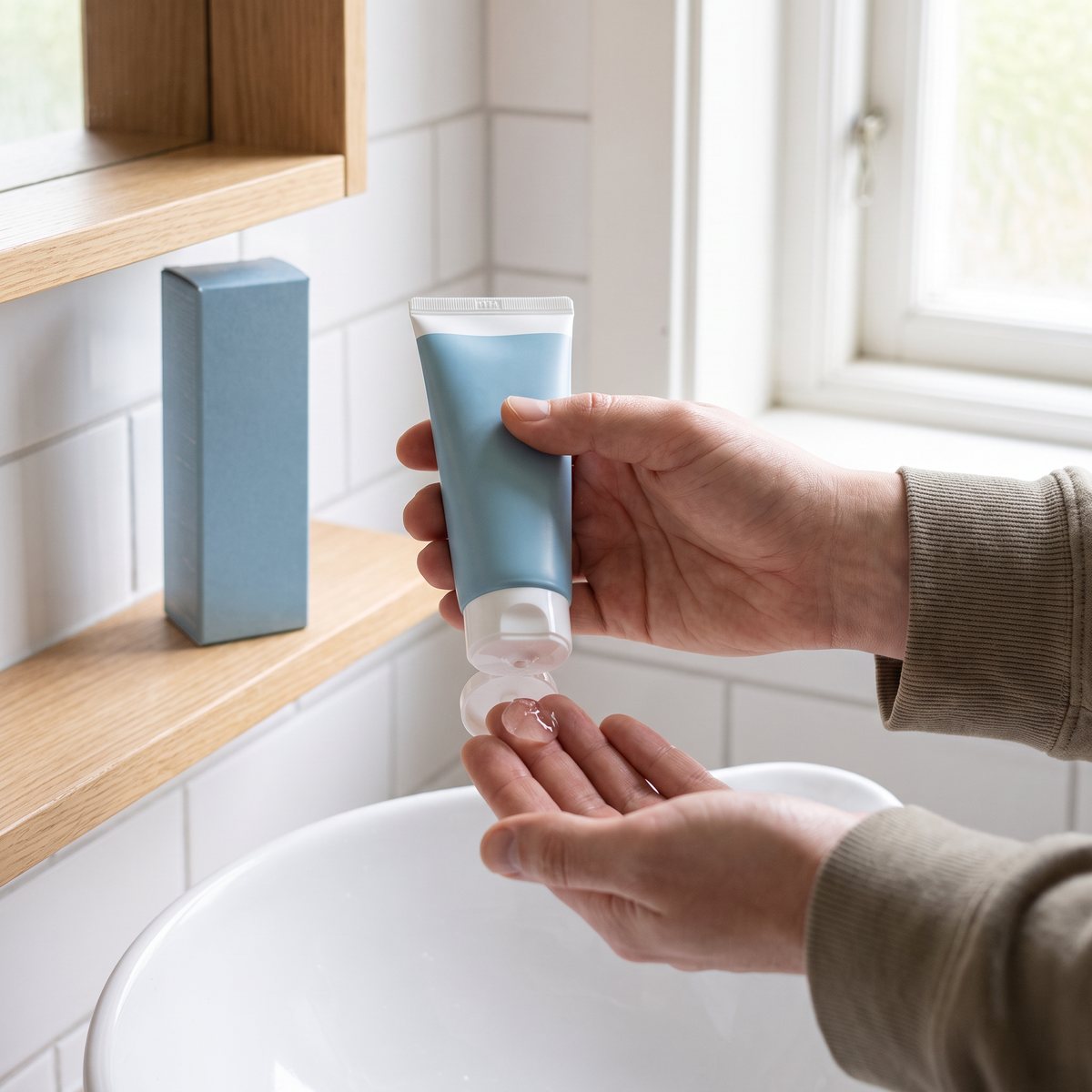 Benton PHA Peeling Gel i blå tub med kartong, hållen över ett handfat i ett svenskt badrum
