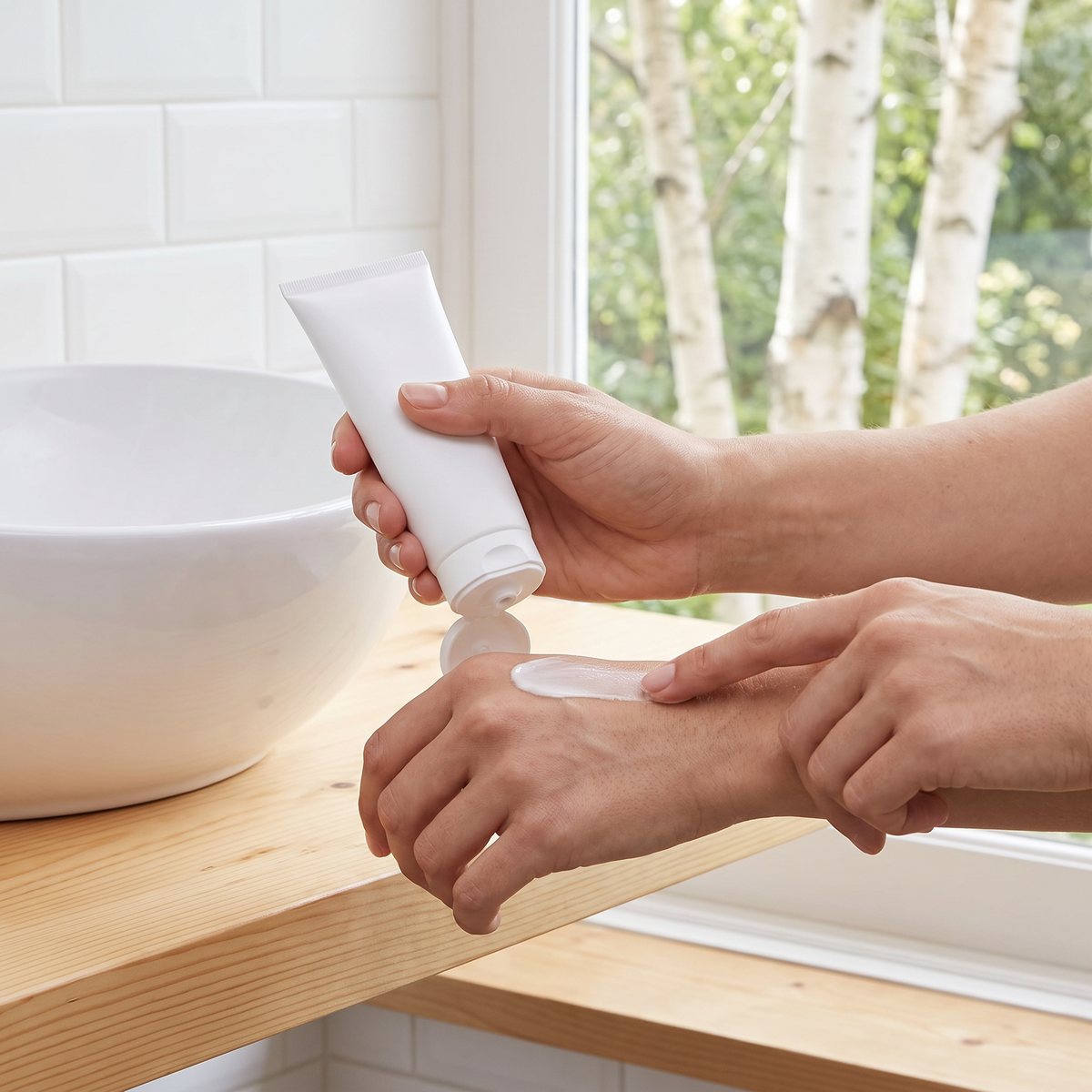 Caudalie Vinoperfect Glycolic Peel Mask i vit tub hållen i handen vid ett handfat i ett ljust svenskt badrum