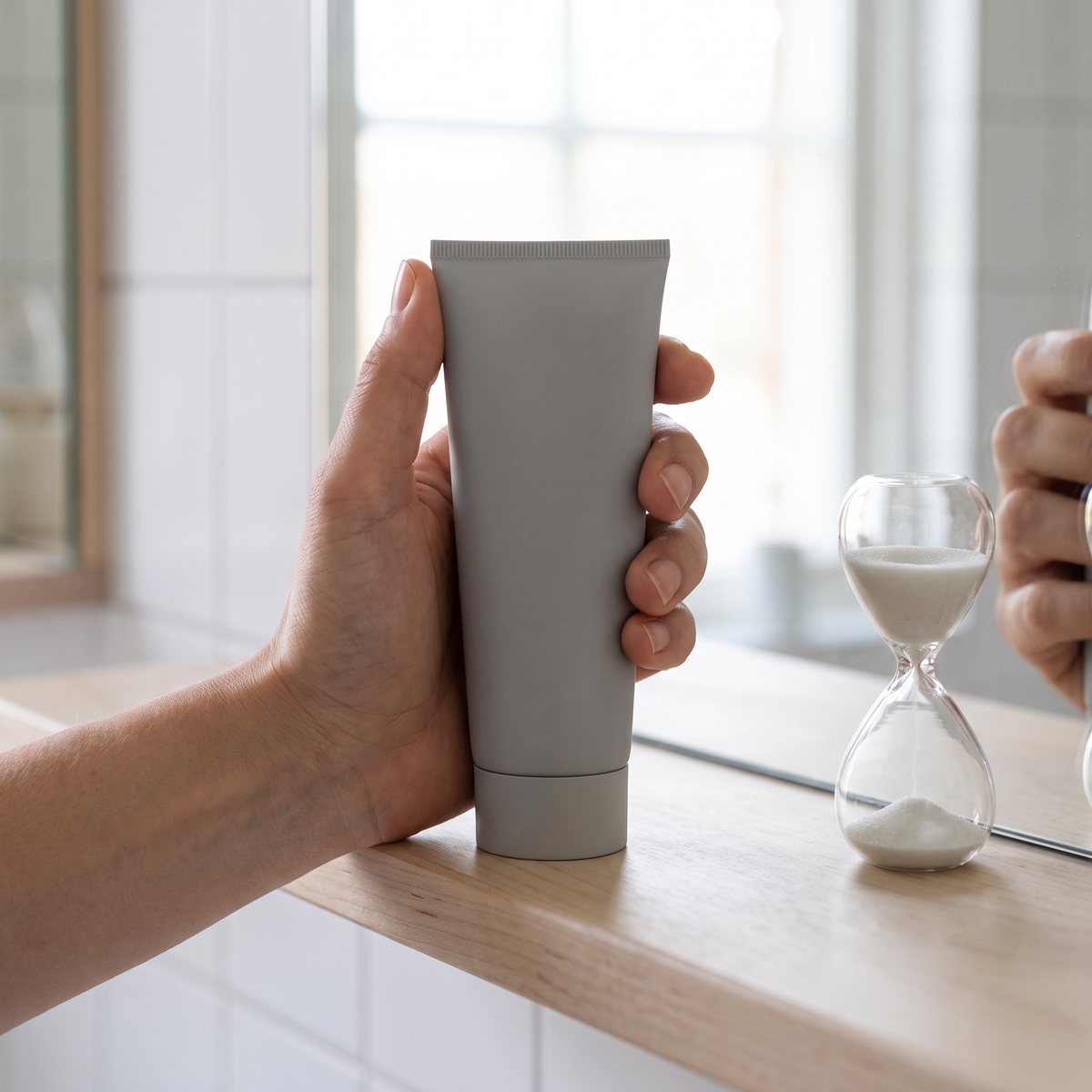 Emma S. Exfoliating Enzyme Peel i grå tub hållen i handen i ett svenskt badrum