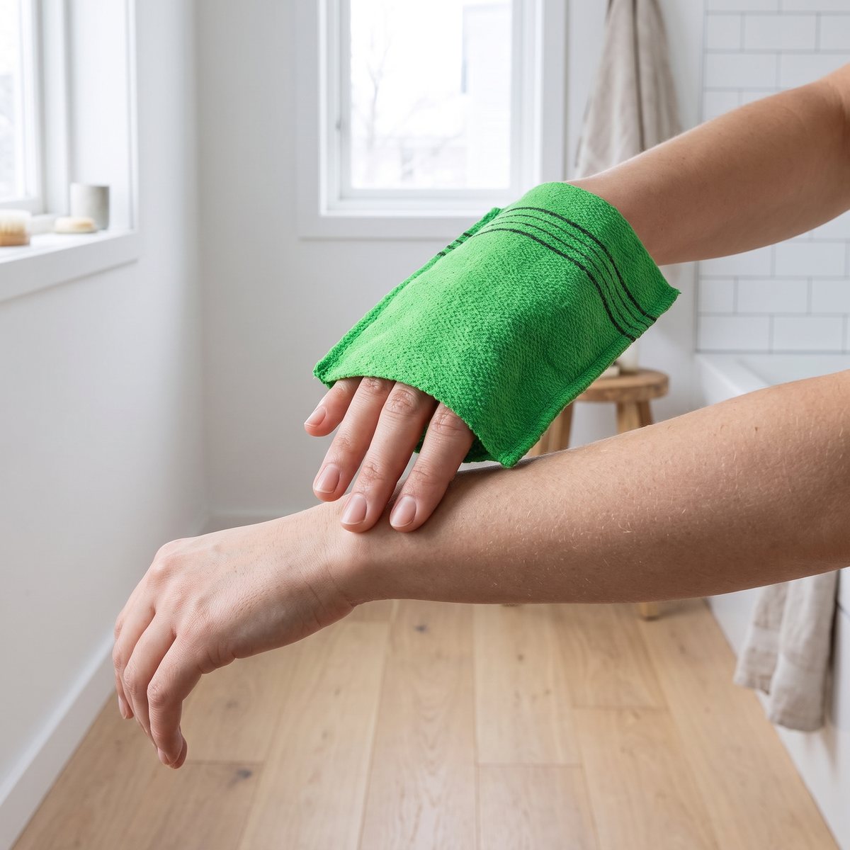 Purito Peel Shot Exfoliating Pad, grön peelingvante som rullas över huden i ett svenskt badrum