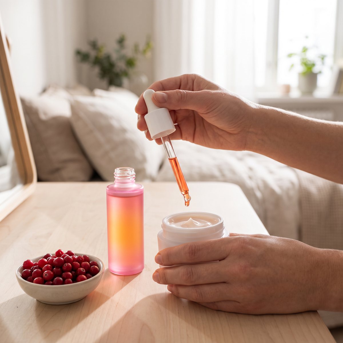Rosa och orange flaska med pipett bredvid kräm och lingon på ett björkbord i ett svenskt sovrum