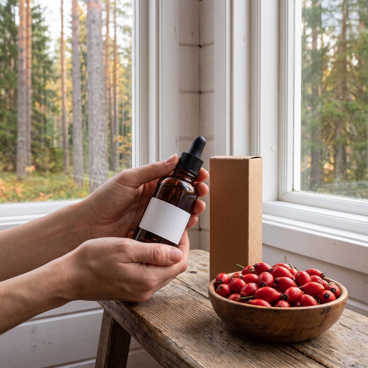Brun glasflaska med svart pipett hålls i handen bredvid nypon i en svensk stuga med tallskog utanför