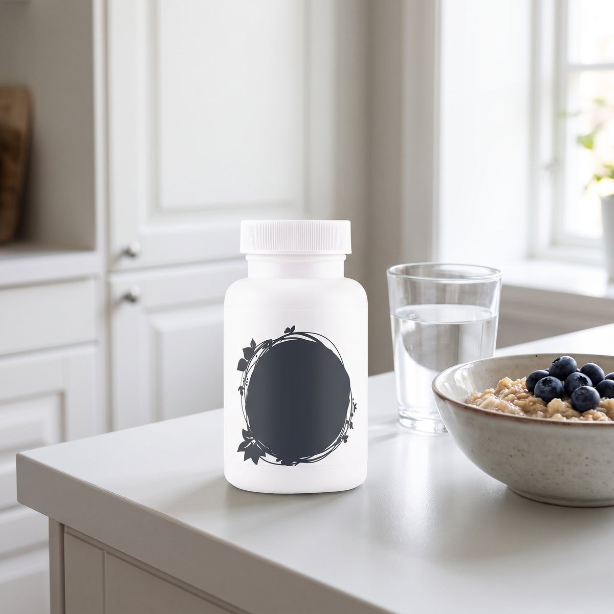 Vit burk med Healthwell Tyrosin 1000 på en köksbänk i ett svenskt kök bredvid vatten och havregrynsgröt