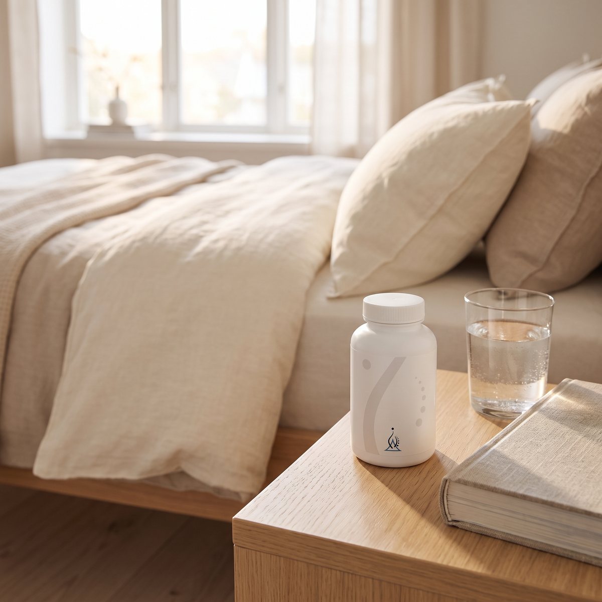 Vit burk med Holistic L-Tyrosin på ett nattduksbord i ett svenskt sovrum