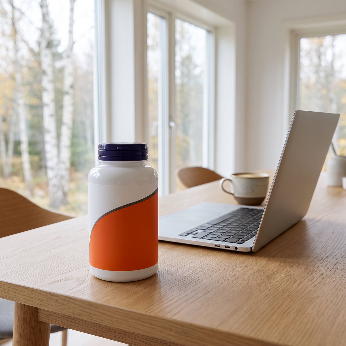 Vit burk med mörkblått lock, NOW L-Tyrosine, på ett skrivbord med laptop och kaffekopp i ett svenskt hemmakontor